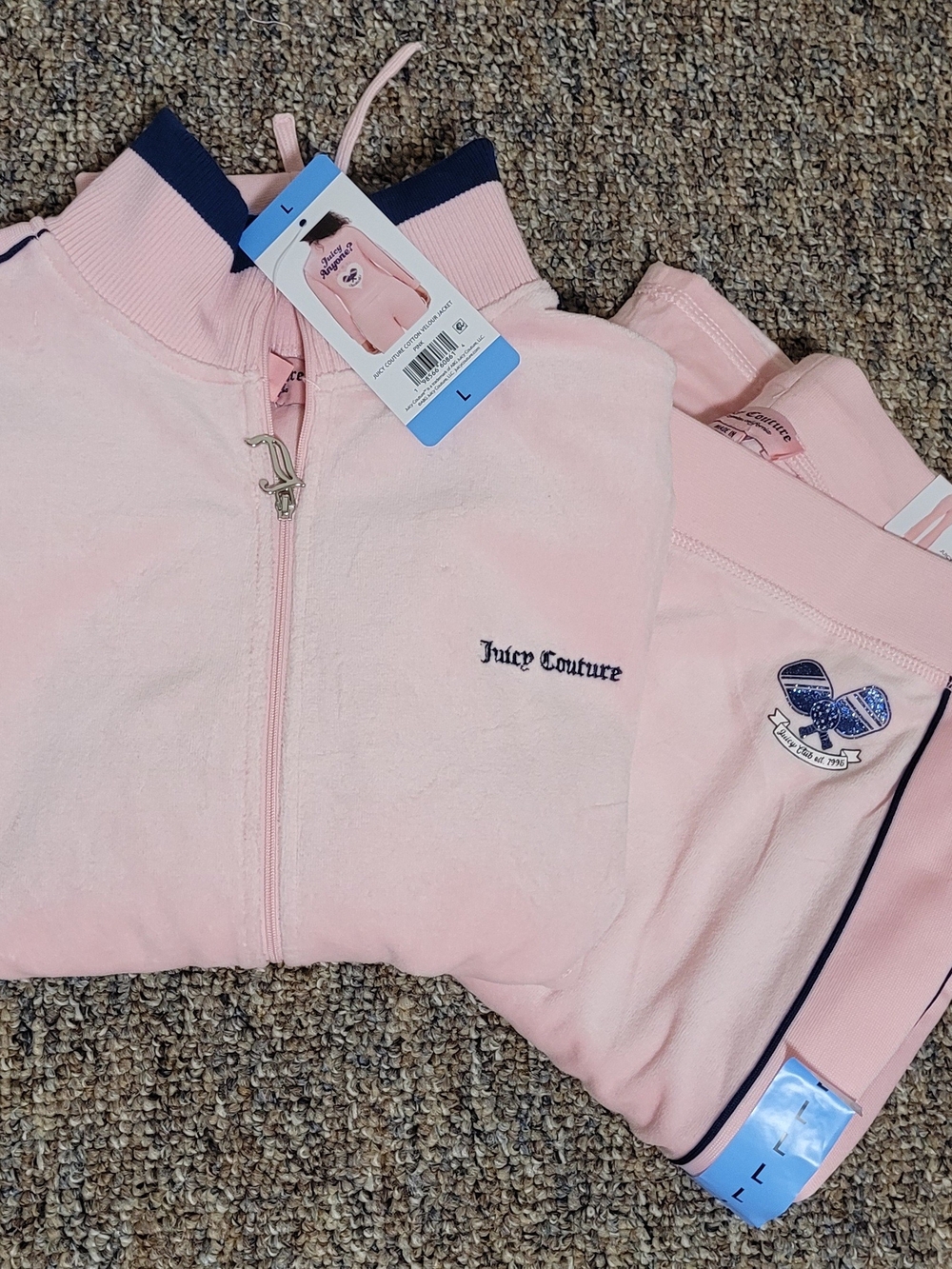 Juicy Couture Pink Velour Track Jacket & Pants - Navy Trim Size L NWT